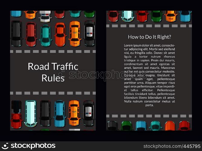 Vector cars on the road in front of pedestrian zone top view card or flyer template illustration. Vector cars on road top view card