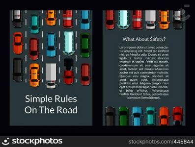 Vector cars on the road top view card or flyer banner and poster template illustration. Vector cars on the road top view card or flyer template