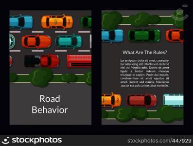 Vector cars on the road with grass and trees on the sidelines top view card or flyer template. Color cars on road speedway illustration. Vector cars on the road with grass and trees on the sidelines top view card or flyer template