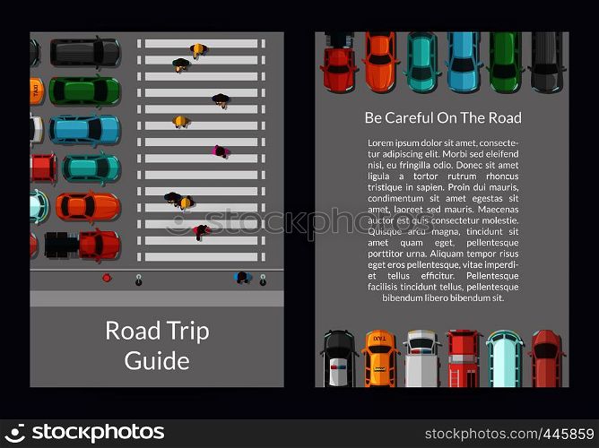 Vector cars on the road with people on pedestrian zone top view card or flyer template banner and poster illustration. Vector cars on the road with walking people on pedestrian zone top view card