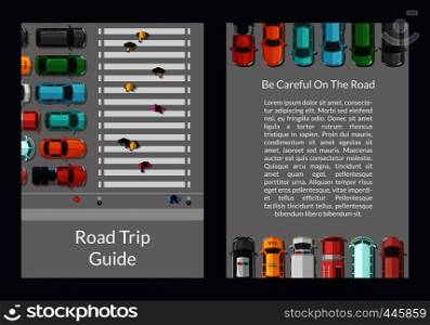 Vector cars on the road with people on pedestrian zone top view card or flyer template banner and poster illustration. Vector cars on the road with walking people on pedestrian zone top view card