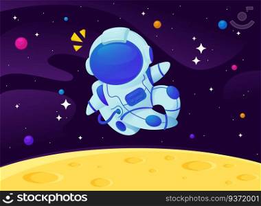 Vector cartoon astronauts floating in the galaxy with a sparkling star background.