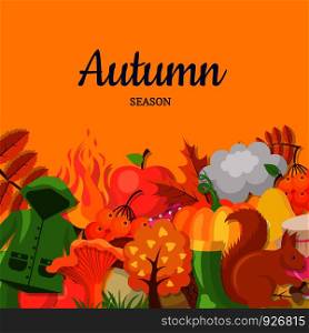 Vector cartoon autumn elements and leaves background with place for text illustration. Template banner or colored poster. Vector cartoon autumn elements and leaves background with place for text illustration