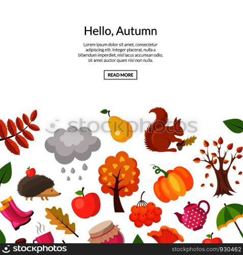 Vector cartoon autumn elements and leaves background with place for text illustration. Web banner and poster. Vector cartoon autumn elements and leaves background with place for text illustration