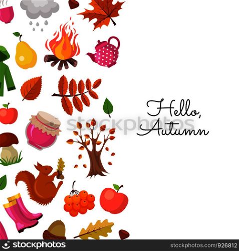 Vector cartoon autumn elements and leaves background with place for text illustration. Poster and banner. Vector cartoon autumn elements and leaves background with place for text illustration