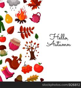 Vector cartoon autumn elements and leaves background with place for text illustration. Poster and banner. Vector cartoon autumn elements and leaves background with place for text illustration