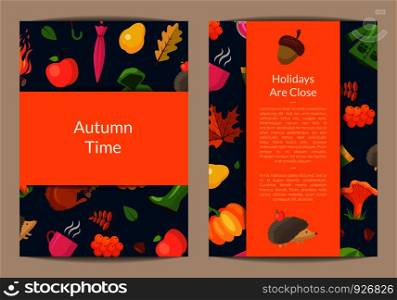 Vector cartoon autumn elements and leaves card or flyer template illustration. Vector cartoon autumn leaves card or flyer illustration