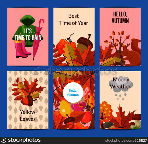 Vector cartoon autumn elements and leaves card or flyer template illustration. Colored poster for web. Vector cartoon autumn elements and leaves card or flyer template illustration