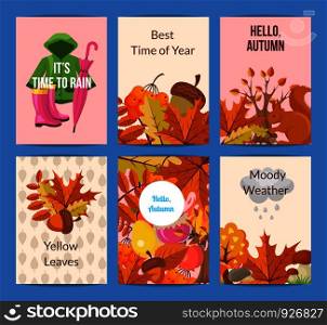 Vector cartoon autumn elements and leaves card or flyer template illustration. Colored poster for web. Vector cartoon autumn elements and leaves card or flyer template illustration