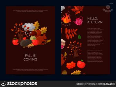 Vector cartoon autumn elements and leaves card or flyer template illustration. Set of web banner. Vector cartoon autumn elements and leaves card or flyer template illustration