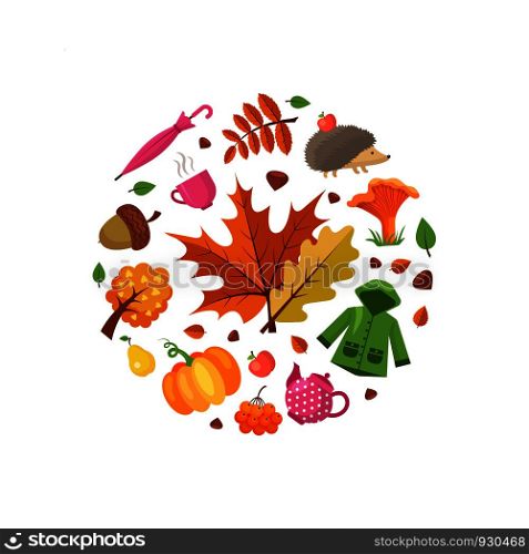 Vector cartoon autumn elements and leaves in circle shape illustration. Autumnal label emblem with apple and coat, tea and pear. Vector cartoon autumn elements and leaves in circle shape illustration