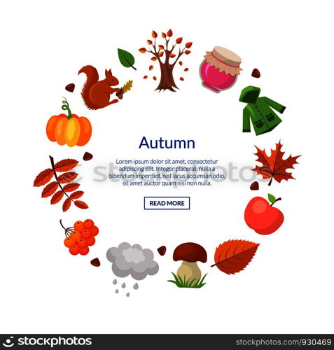 Vector cartoon autumn elements and leaves in circle shape with place for text illustration isilated on white. Vector cartoon autumn elements and leaves in circle shape with place for text illustration