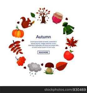 Vector cartoon autumn elements and leaves in circle shape with place for text illustration isilated on white. Vector cartoon autumn elements and leaves in circle shape with place for text illustration