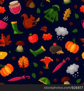 Vector cartoon autumn elements and leaves pattern or background illustration. Autumn background pattern with umbrella and mushroom. Vector cartoon autumn elements and leaves pattern or background illustration