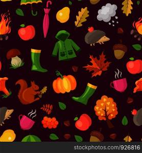 Vector cartoon autumn elements and leaves pattern or background illustration. Colored fall pattern season. Vector cartoon autumn elements and leaves pattern or background illustration