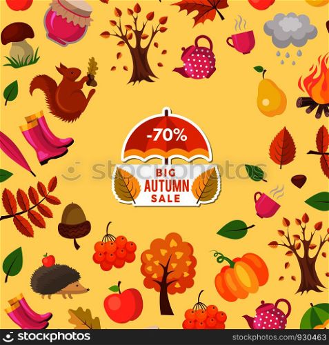 Vector cartoon autumn elements and leaves sale background with place for text illustration. Colored card ot web banner. Vector cartoon autumn elements and leaves sale background with place for text illustration