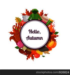 Vector cartoon autumn elements and leaves under circle with place for text illustration isolated on white. Vector autumn elements and leaves with place for text illustration