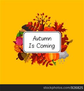 Vector cartoon autumn elements and leaves under rectangle with place for text illustration. Vector cartoon autumn elements set and leaves