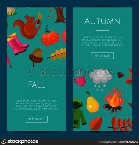 Vector cartoon autumn elements and leaves web banner templates illustration and set of poster. Vector cartoon autumn elements and leaves web banner templates illustration