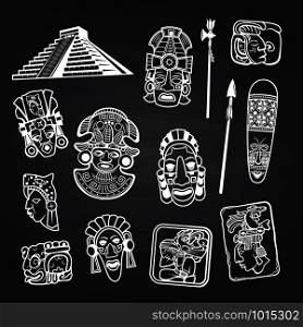 Vector cartoon aztec and maya mask elements set on black chalkboard background illustration. Aztec mask ethnic, idol ritual artwork. Vector cartoon aztec and maya mask elements set on black chalkboard background illustration