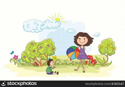 vector cartoon background with mom and son
