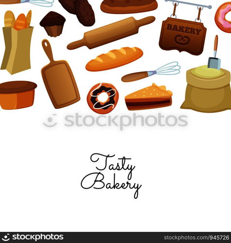 Vector cartoon bakery background illustration web banner or poster with text. Vector cartoon bakery background illustration web banner