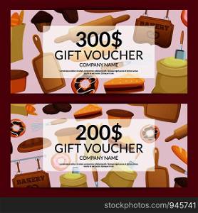 Vector cartoon bakery card discount with price or gift voucher templates illustration. Vector cartoon bakery discount or gift illustration