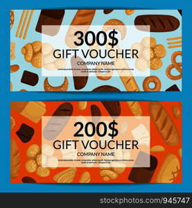 Vector cartoon bakery elements discount or gift voucher templates illustration. Vector cartoon bakery discount or gift voucher