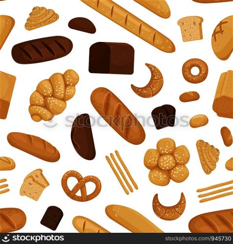 Vector cartoon bakery elements pattern or background illustration. Tasty bread for breakfast. Vector cartoon bakery pattern or background illustration