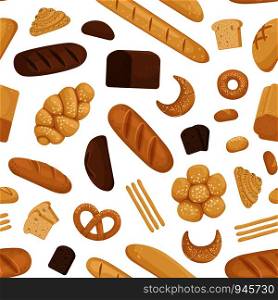 Vector cartoon bakery elements pattern or background illustration. Tasty bread for breakfast. Vector cartoon bakery pattern or background illustration