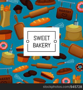 Vector cartoon bakery elements set background illustration with label text. Vector cartoon bakery elements set background illustration