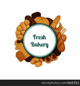 Vector cartoon bakery elements under circle with place for text illustration. Vector cartoon bakery elements isolated on white