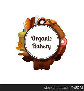 Vector cartoon bakery under circle with place for text illustration isolated on white background. Vector cartoon bakery under circle with place for text illustration