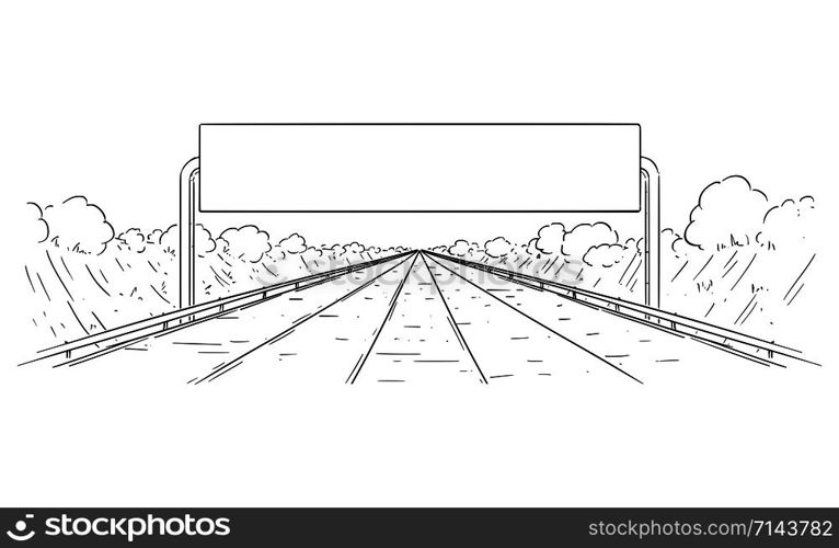 Vector cartoon black and white drawing illustration of forward going highway and big empty sign.. Vector Drawing Illustration of Highway Going Forward Without Branching and Empty Sign