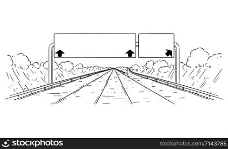 Vector cartoon black and white drawing illustration of forward going highway with branching, arrows and big empty sign.. Vector Drawing Illustration of Highway Going Forward With Branching, Arrows and Empty Sign