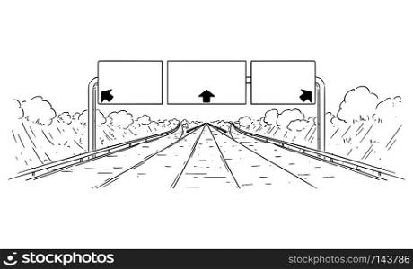 Vector cartoon black and white drawing illustration of forward going highway with branching, arrows and big empty sign.. Vector Drawing Illustration of Highway Going Forward With Branching, Arrows and Empty Sign