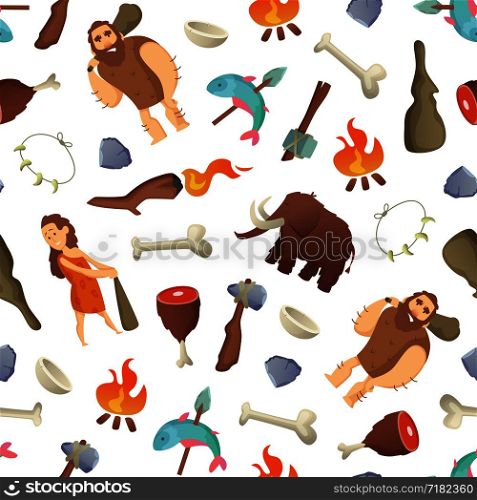 Vector cartoon cavemen background or pattern illustration. Illustration of prehistoric woman and man. Vector cartoon cavemen background or pattern illustration