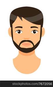 Vector cartoon character. Concept of avatar of young bearded man with brown hair. Isolated at white background portrait caucasian person. Brunet adult guy with short haircut and mustache. Handsome man. Avatar of young bearded guy, brow-haired man with white skin, icon for website, social network