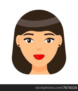 Vector cartoon character. Concept of avatar of young brown-haired woman with red lips and light makeup, earrings. Isolated portrait of pretty girl with elegance bob haircut. Attractive lady icon. Brown-haired girl with red lips, short bob haircut, face of young pretty woman with light makeup
