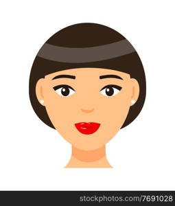 Vector cartoon character. Concept of avatar of young brown-haired woman with red lips and light makeup, earrings. Isolated portrait of pretty girl with elegance bob haircut. Attractive lady icon. Brown-haired girl with red lips, short bob haircut, face of young pretty woman with light makeup