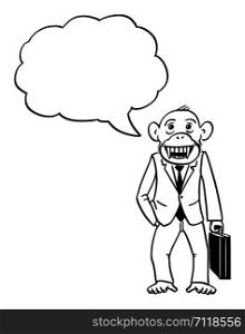 Vector cartoon character drawing conceptual illustration of monkey, ape or chimpanzee businessman in suit and briefcase. Monkey business concept.. Vector Cartoon of Monkey, or Ape or Chimpanzee Businessman in Suit with Empty Speech Balloon