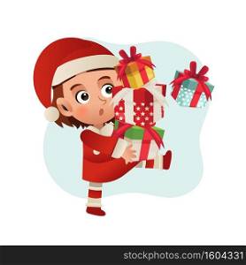 Vector cartoon character of cute little girl in santa claus costume is carrying a lot of gift boxes.