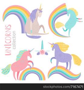 Vector cartoon character unicorns and rainbows isolated on white background. Unicorn character and color rainbow illustration. Vector cartoon character unicorns and rainbows isolated on white background