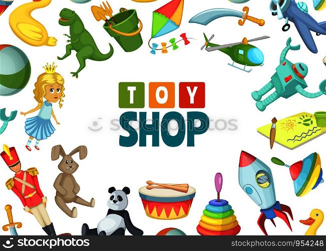 Vector cartoon children toys background with place for text illustration. Toy child for play and game, kids shop banner. Vector cartoon children toys background with place for text illustration
