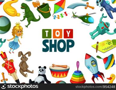 Vector cartoon children toys background with place for text illustration. Toy child for play and game, kids shop banner. Vector cartoon children toys background with place for text illustration