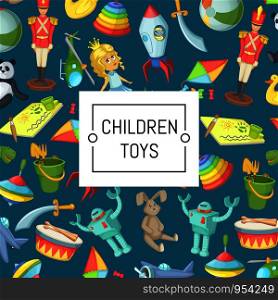 Vector cartoon children toys background with place for text illustration. Web poster and page. Vector cartoon children toys background with place for text illustration