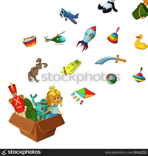 Vector cartoon children toys flying up out of box concept illustration. Vector cartoon children toys of box illustration