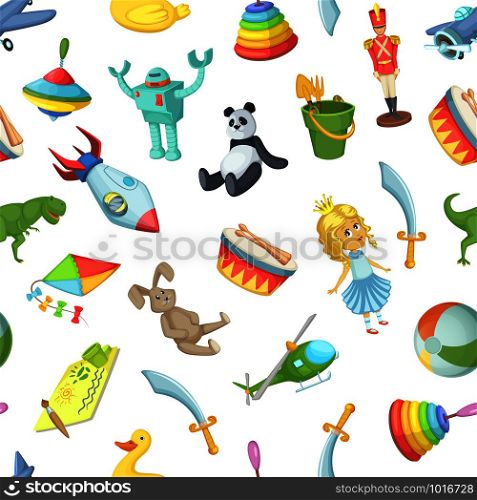 Vector cartoon children toys pattern or background illustration. Child toys for play seamless pattern. Vector cartoon children toys pattern or background illustration