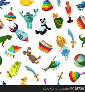 Vector cartoon children toys pattern or background illustration. Child toys for play seamless pattern. Vector cartoon children toys pattern or background illustration