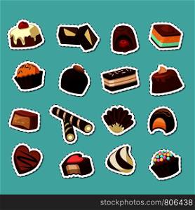 Vector cartoon chocolate candies stickers set isolated on background illustration. Vector cartoon chocolate candies stickers set